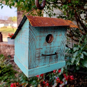 Rustic Aqua Birdhouse: Handmade Coastal Garden Decor, Forged Metal Roof