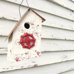 Rustic Birdhouse Outdoor Garden Decor with Recycled Old Red Faucet