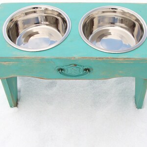 Dog Bowl Stand with Recycled Vintage Cupboard Pull Accent Handcrafted Pet Feeding Station image 5