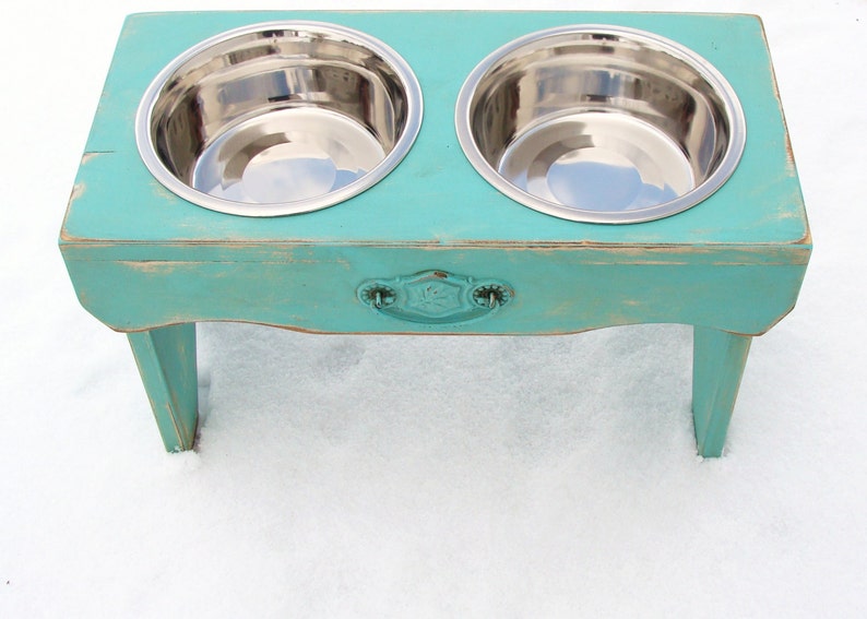 Dog Bowl Stand with Recycled Vintage Cupboard Pull Accent Handcrafted Pet Feeding Station image 5