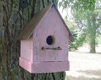 Rustic Birdhouse Outdoor Garden Decor Handmade Wood Bird House Rusty Metal  Roof