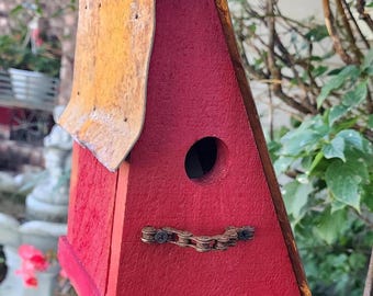 Handmade Old Red Wood Birdhouse: Rusty Metal Roof, Vintage Bicycle Chain