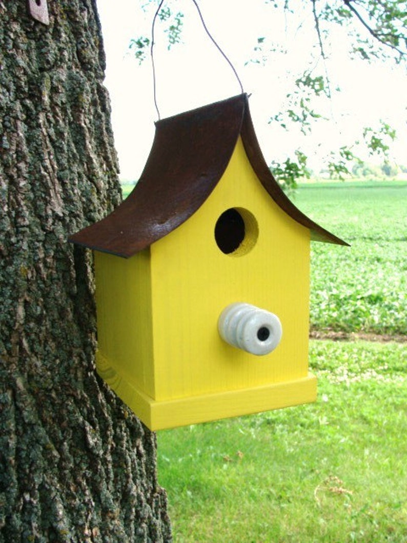 Rustic Birdhouse Outdoor Yard Decor Handmade Lemon Bird Home Recycled Insulator image 2