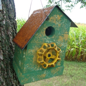 Rustic Bird House painted Old Green Outdoor Garden Decor Vintage Old Yellow Faucet Cottage Rusty Metal Roof Handmade