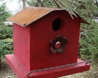 Old Red Birdhouse Outdoor Garden Decor Handmade Rustic Iron Flower