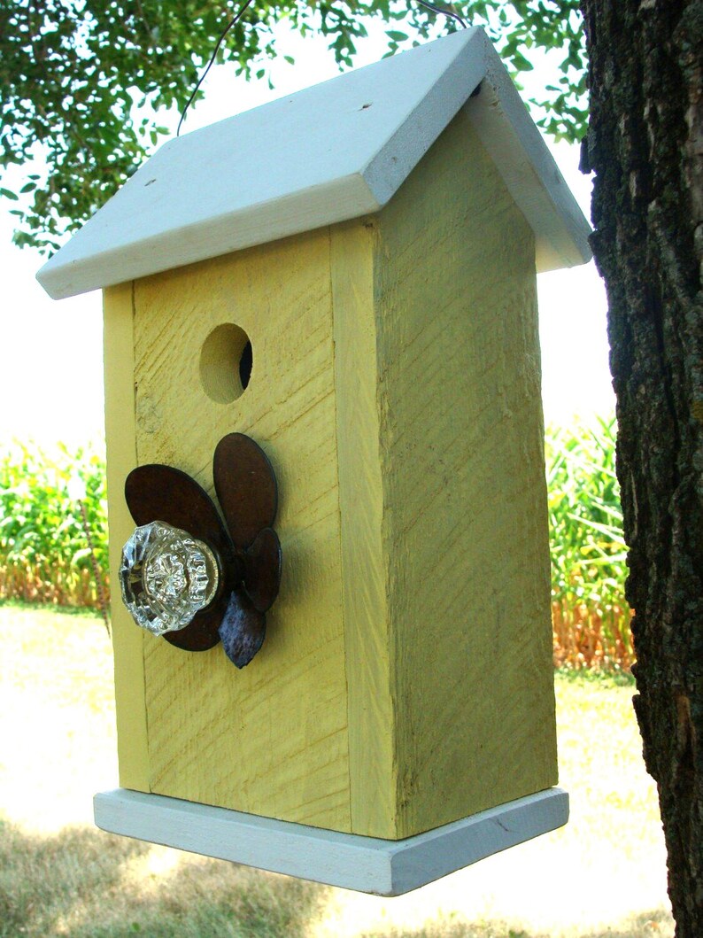 Butter Yellow Birdhouse: Recycled Vintage Door Knob, Outdoor Garden Decor image 2