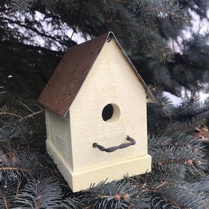 Handmade Rustic Bird House Outdoor Garden Decor Old Yellow with Metal Roof Home for Wrens & Chickadees image 5