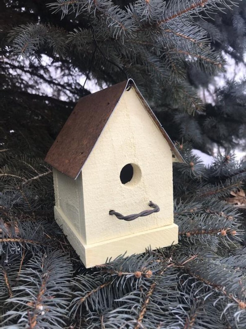 Handmade Rustic Bird House Outdoor Garden Decor Old Yellow with Metal Roof Home for Wrens & Chickadees image 5