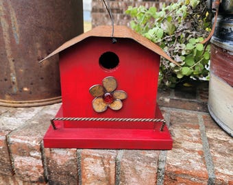 Handmade Red Birdhouse: Metal Art Flower, Outdoor Garden Decor