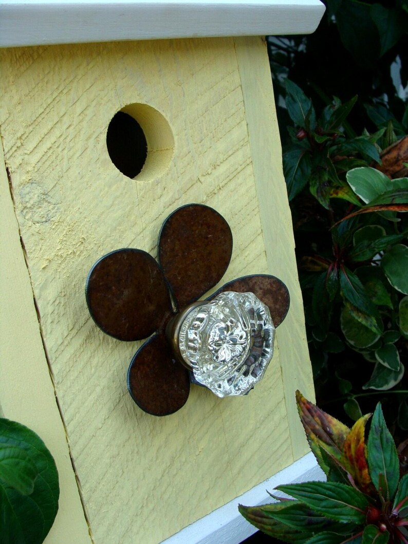 Butter Yellow Birdhouse: Recycled Vintage Door Knob, Outdoor Garden Decor image 3