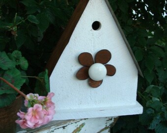 Rustic White Birdhouse Yard Art with Upcycled Vintage Door Knob