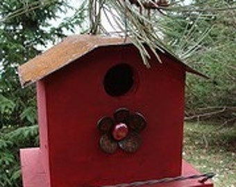 Handmade Bird House, Outdoor Garden Decor, Rusty Metal Flower, Yard Art, Functional Birdhouse, Old Red Painted