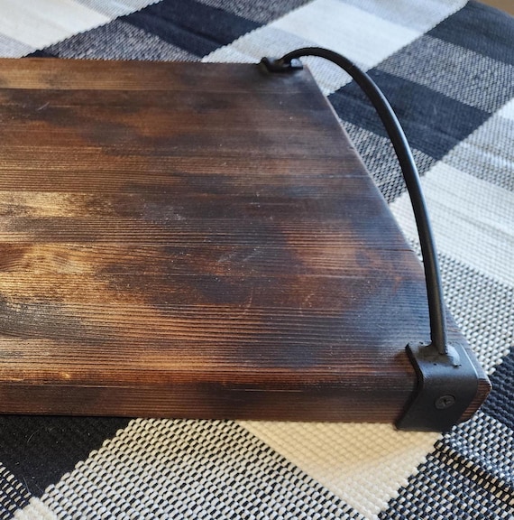 Rustic Wood Tray: Iron Handles, Blacksmith Forged