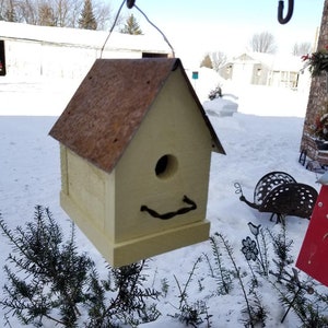 Handmade Rustic Bird House Outdoor Garden Decor Old Yellow with Metal Roof Home for Wrens & Chickadees image 6