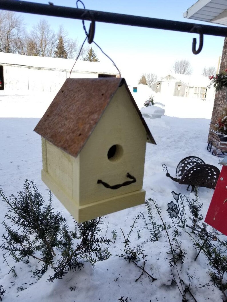 Handmade Rustic Bird House Outdoor Garden Decor Old Yellow with Metal Roof Home for Wrens & Chickadees image 6