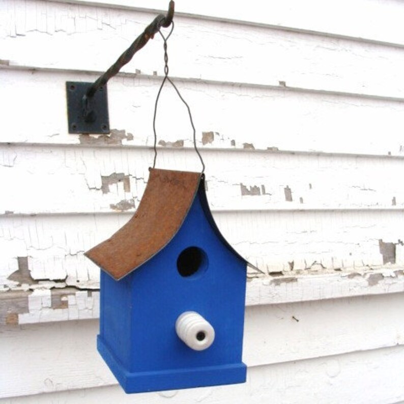 Rustic Bird House Outdoor Garden Decor Vintage Old Farm Insulator Perch painted Indigo Blue Birdwatcher of Wrens and Chickadee's image 3