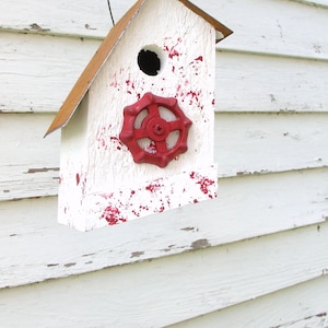 Rustic Handmade Birdhouse, Outdoor Bird House, Recycled Antique Faucet, Solid Wood Birdhouse