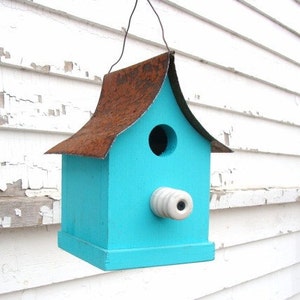 Rustic Birdhouse with Recycled Farm Insulator Outdoor Garden Decor