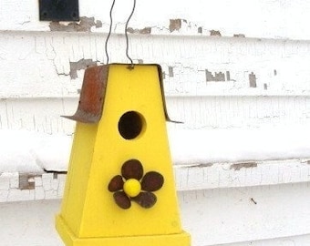 Rustic Birdhouse, Outdoor Bird House, Functional Birdhouse, Metal Flower, Wood Birdhouse,  Decorative Birdhouse, Christmas Gift