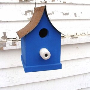 Rustic Bird House Outdoor Garden Decor Vintage Old Farm Insulator Perch painted Indigo Blue Birdwatcher of Wrens and Chickadee's image 2