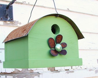 The Quonset: Handmade Solid Wood Bird House, Forged Iron Flower
