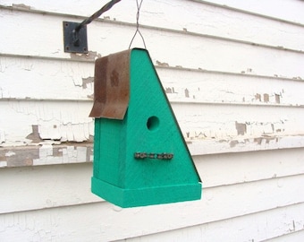 Rustic Cottage Birdhouse Garden Decor Emerald Green