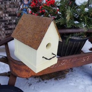 Handmade Rustic Bird House Outdoor Garden Decor Old Yellow with Metal Roof Home for Wrens & Chickadees image 8