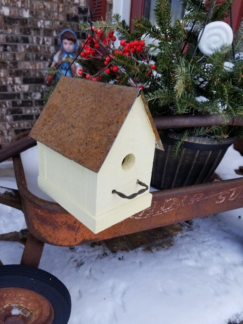 Handmade Rustic Bird House Outdoor Garden Decor Old Yellow with Metal Roof Home for Wrens & Chickadees image 8