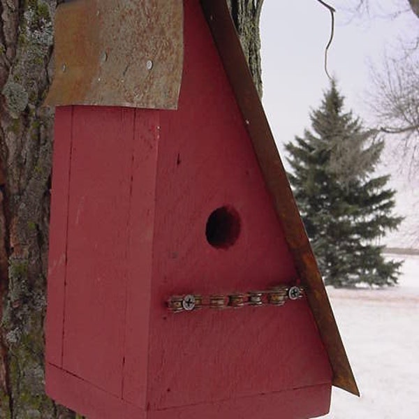 Rustic Old Red Bird House Garden Decor