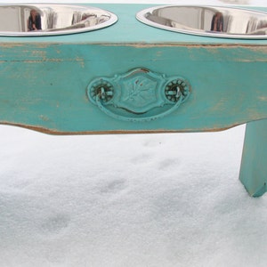 Dog Bowl Stand with Recycled Vintage Cupboard Pull Accent Handcrafted Pet Feeding Station image 3