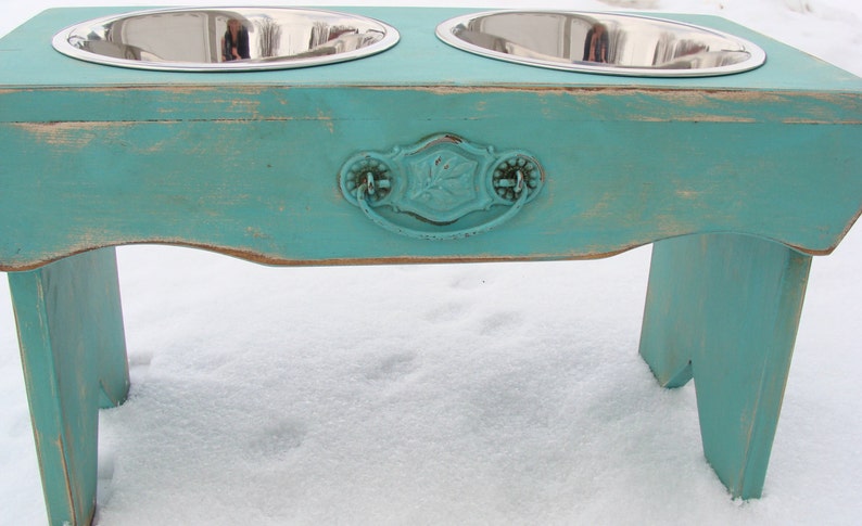 Dog Bowl Stand with Recycled Vintage Cupboard Pull Accent Handcrafted Pet Feeding Station image 3