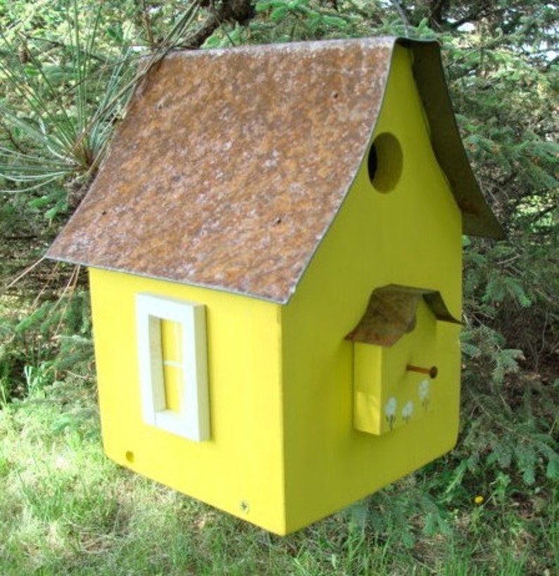 Rustic Bird House, Garden Decor, Functional Birdhouse, Decorative Birdhouse, Large Birdhouse, Yellow. image 5