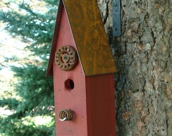 Rustic Old Red Birdhouse with Vintage Faucet Handle Accent for Outdoor Garden Decor Nesting Home for Chickadees & Wrens