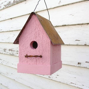 Handmade Cottage Birdhouse: Cotton Candy Pink Wood Bird House
