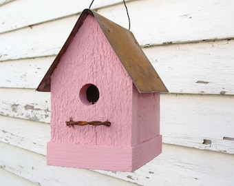 Rustic Pink Wood Birdhouse: Handmade Iron Roof, Outdoor Garden Functional Home