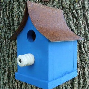 Rustic Bird House Outdoor Garden Decor Vintage Old Farm Insulator Perch painted Indigo Blue Birdwatcher of Wrens and Chickadee's image 5