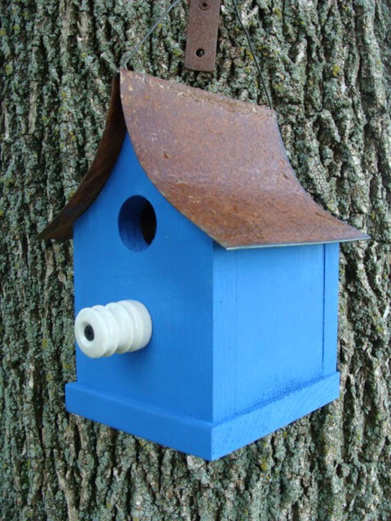 Rustic Bird House Outdoor Garden Decor Vintage Old Farm Insulator Perch painted Indigo Blue Birdwatcher of Wrens and Chickadee's image 5