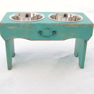 Dog Bowl Stand with Recycled Vintage Cupboard Pull Accent Handcrafted Pet Feeding Station