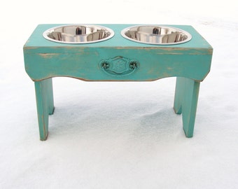 Dog Bowl Stand with Recycled Vintage Cupboard Pull Accent Handcrafted Pet Feeding Station