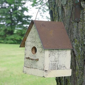 Handmade Rustic Bird House Outdoor Garden Decor Old Yellow with Metal Roof Home for Wrens & Chickadees image 3