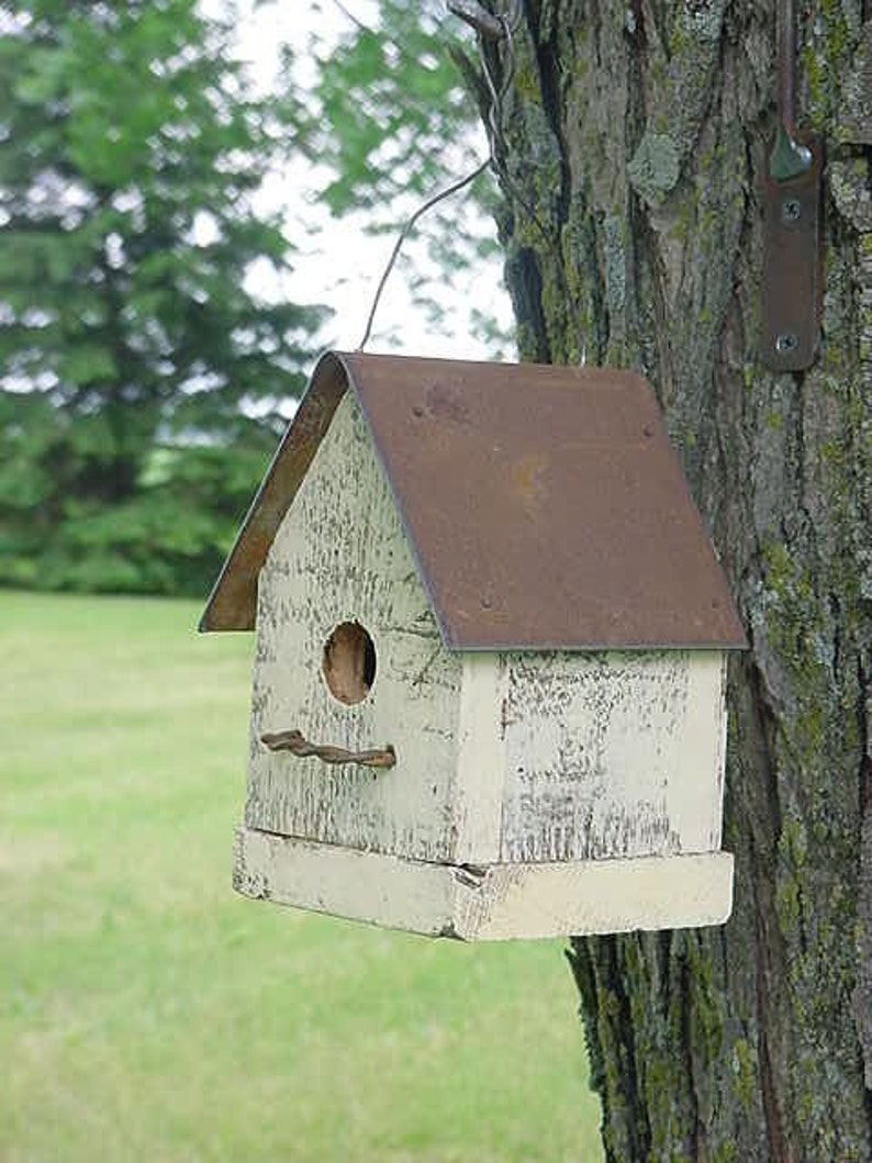 Handmade Rustic Bird House Outdoor Garden Decor Old Yellow with Metal Roof Home for Wrens & Chickadees image 3