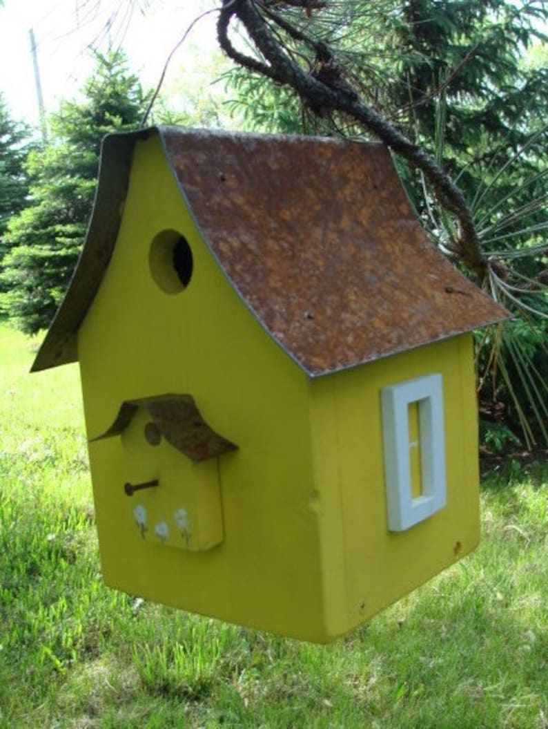 Rustic Bird House, Garden Decor, Functional Birdhouse, Decorative Birdhouse, Large Birdhouse, Yellow. image 3