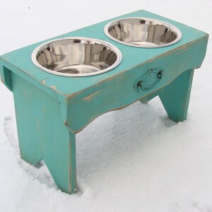 Dog Bowl Stand with Recycled Vintage Cupboard Pull Accent Handcrafted Pet Feeding Station image 2