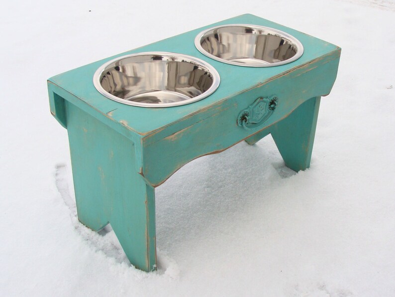 Dog Bowl Stand with Recycled Vintage Cupboard Pull Accent Handcrafted Pet Feeding Station image 2