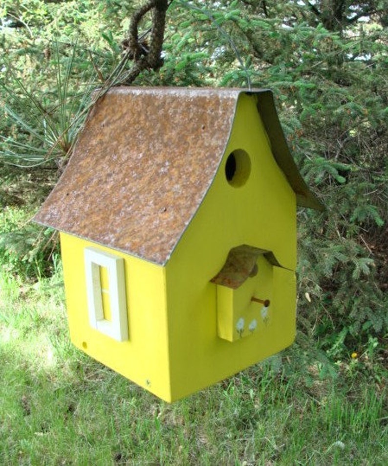 Rustic Bird House, Garden Decor, Functional Birdhouse, Decorative Birdhouse, Large Birdhouse, Yellow. image 2