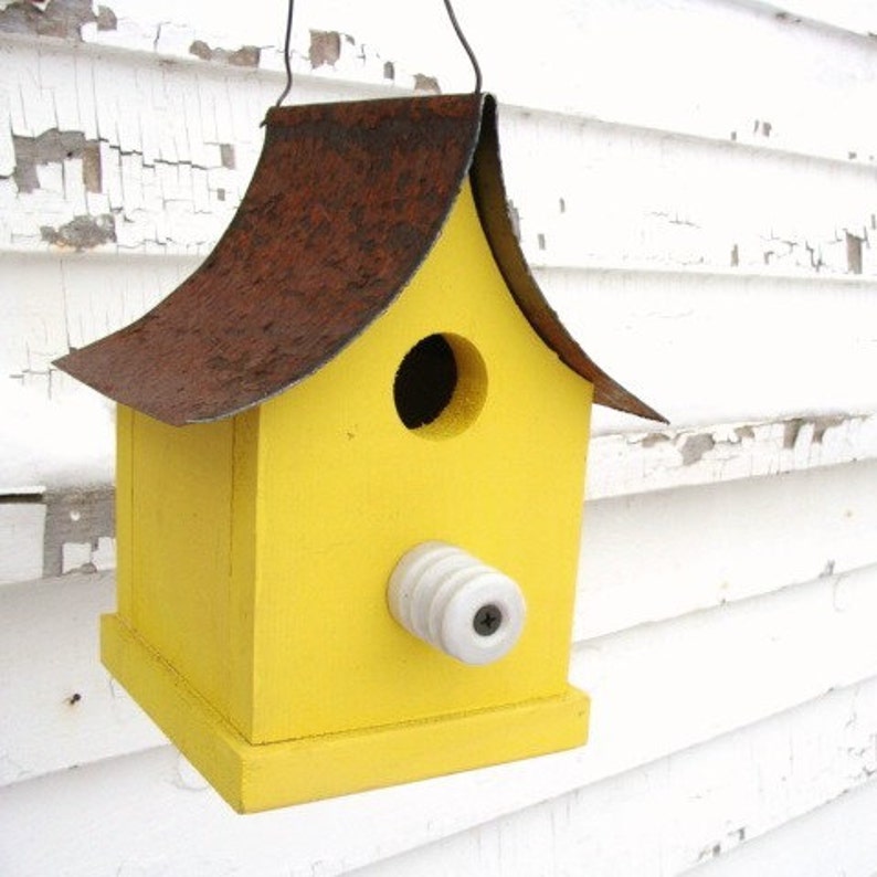 Rustic Birdhouse Outdoor Yard Decor Handmade Lemon Bird Home Recycled Insulator image 5