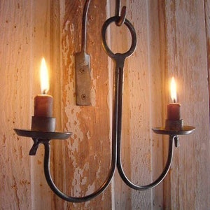 Rustic Candle Holder Sconce, Wall Candle Holder, Blacksmith Forged Steel, Primitive Early Candle Lighting, Colonial Lighting image 1