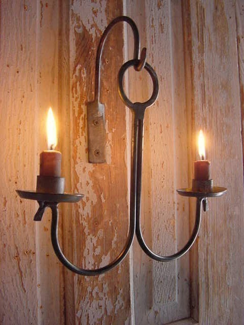 Rustic Candle Holder Sconce, Wall Candle Holder, Blacksmith Forged Steel, Primitive Early Candle Lighting, Colonial Lighting image 1