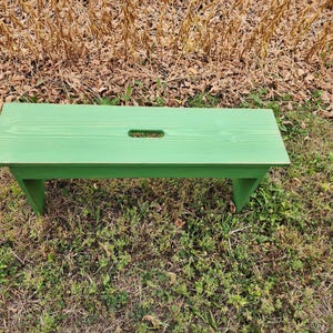 May include: A green wooden bench with a cutout in the top. The bench is sitting on a bed of green grass.
