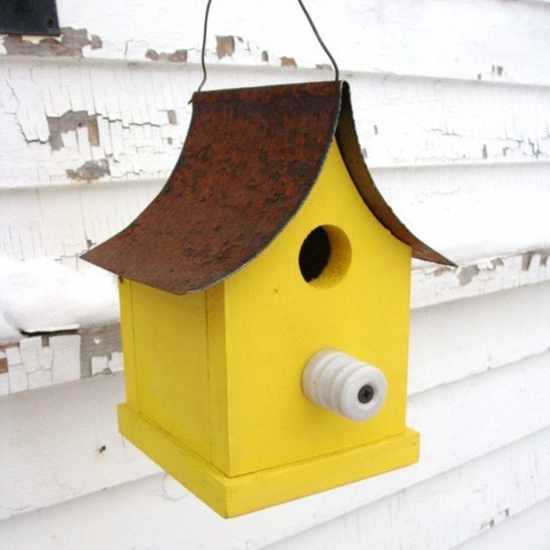 Rustic Birdhouse Outdoor Yard Decor Handmade Lemon Bird Home Recycled Insulator image 4